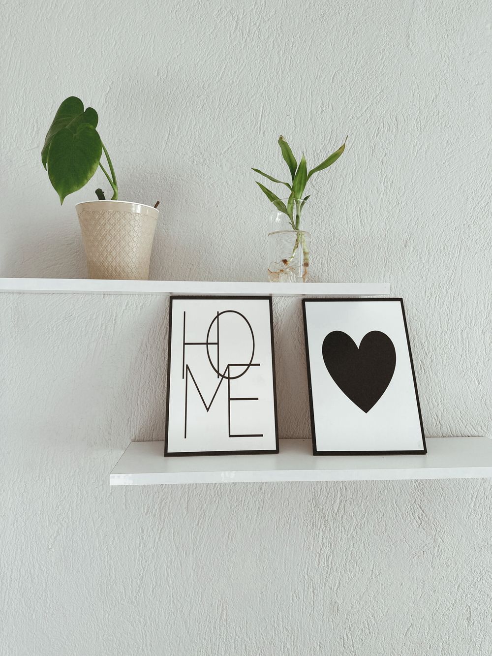 Floating shelf with plants and framed prints on a white wall