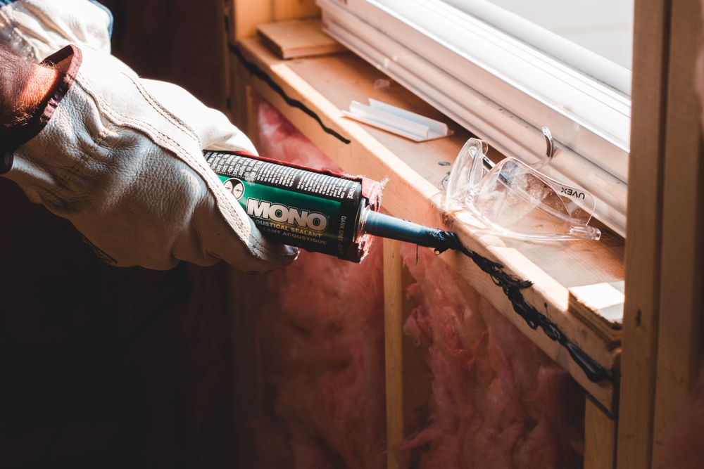 Gloved hand applying a bead of caulk along a seam