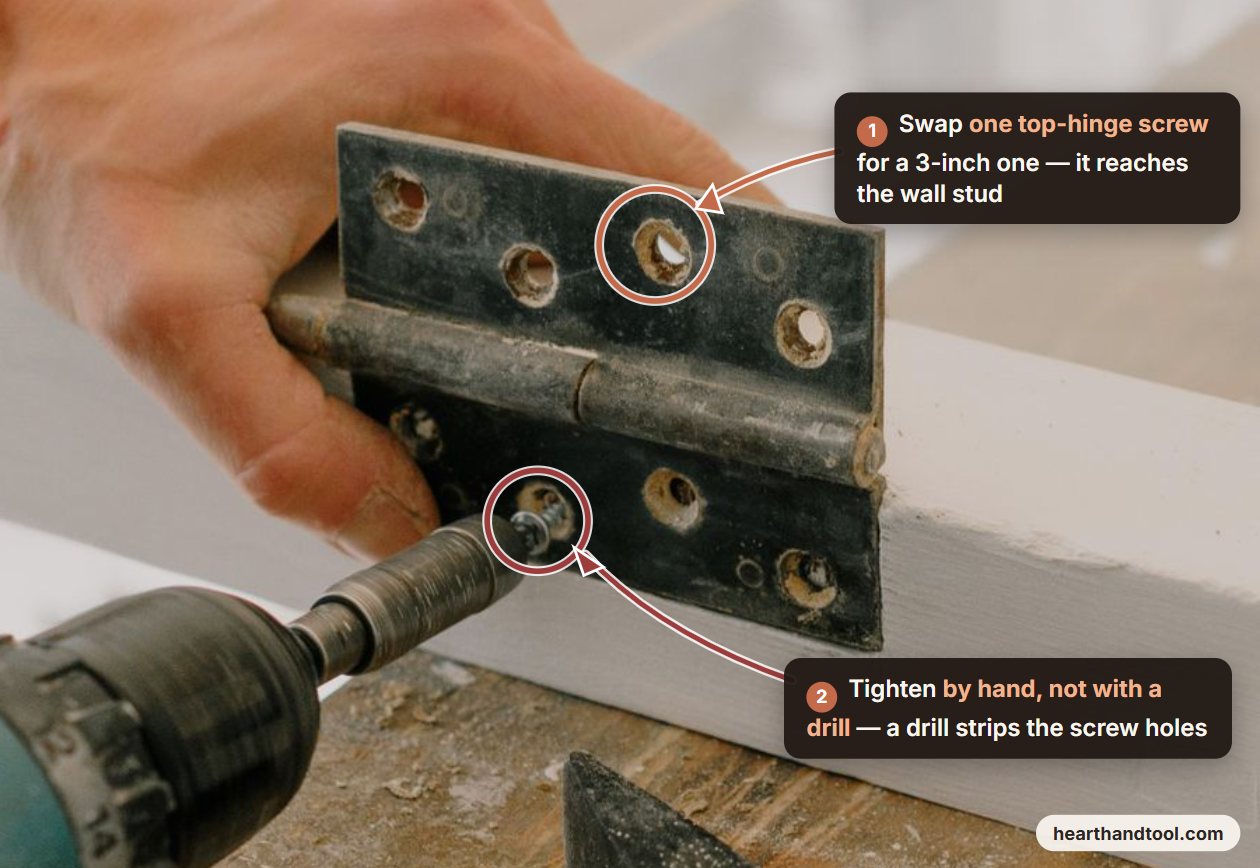 Annotated hinge photo: which screw to replace with a 3-inch one, and why to tighten by hand instead of with a drill